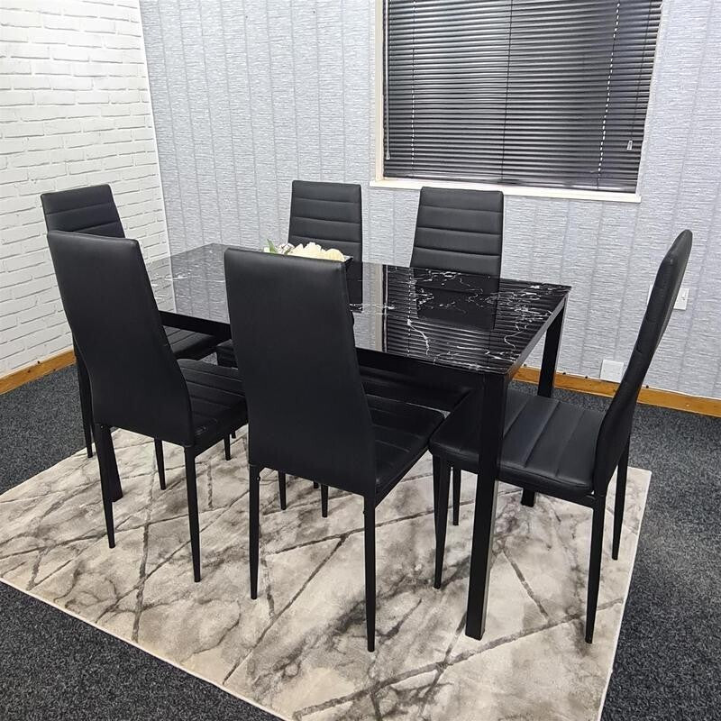 6 Seat Black Marble Effect Glass Dining Table & 6 Chairs Modern Set