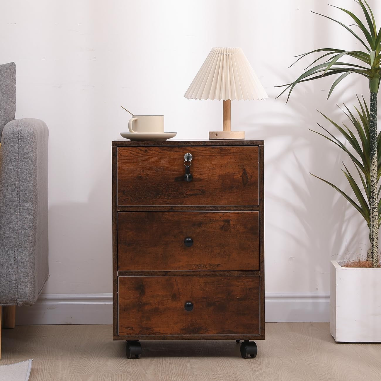 Espresso Lockable Mobile Filing Cabinet 3 Drawer Under Desk