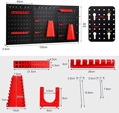 Black + Red Wall-Mount Pegboard Kit 3 Boards Heavy Duty 25 Hooks Accessories
