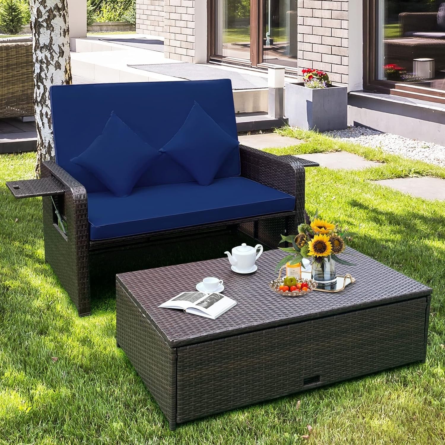 Navy+Brown 2-Seater Rattan Daybed Outdoor with Adjustable Back & Ottoman