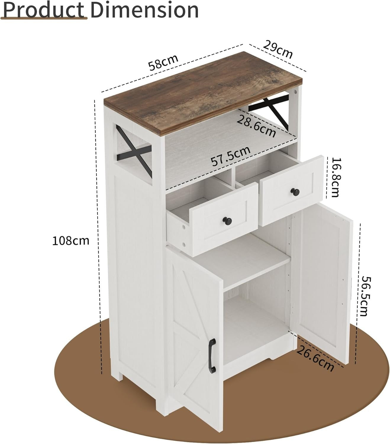 White Kitchen Sideboard Cabinet with Drawers & Shelf Storage Unit