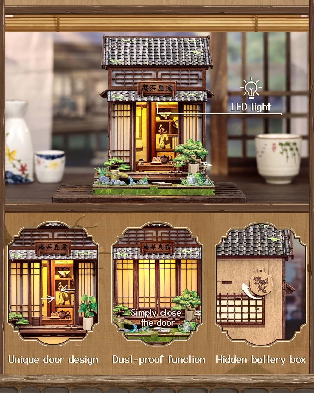 DIY Book Nook Kit Japanese Tea House Miniature LED Bookend Decor