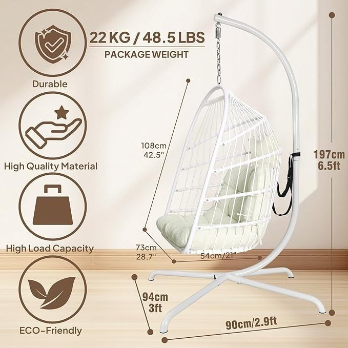 Foldable Hanging Egg Chair with Stand – Cushioned, Indoor Outdoor