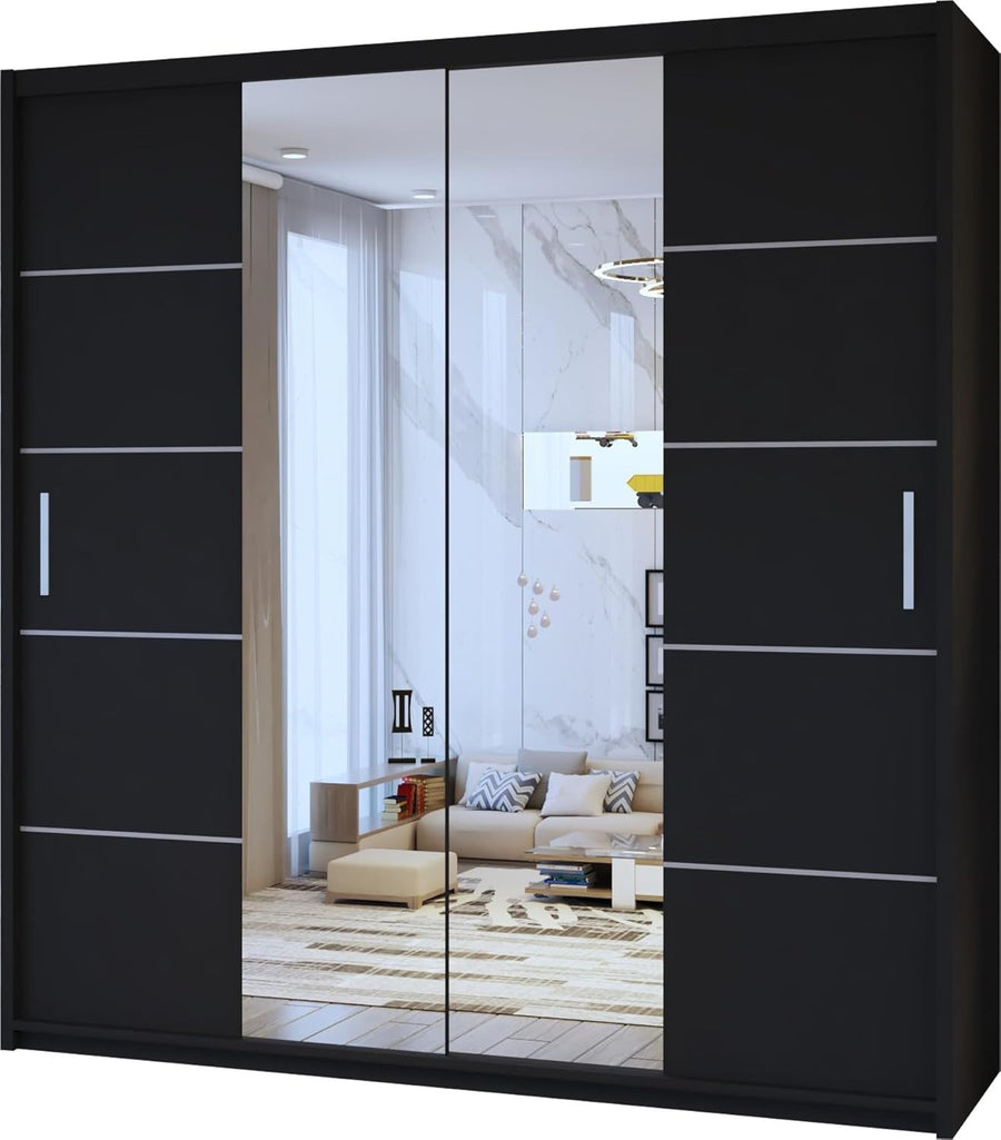 203cm Black Sliding Mirror Wardrobe Modern Bedroom Storage Unit Closet
