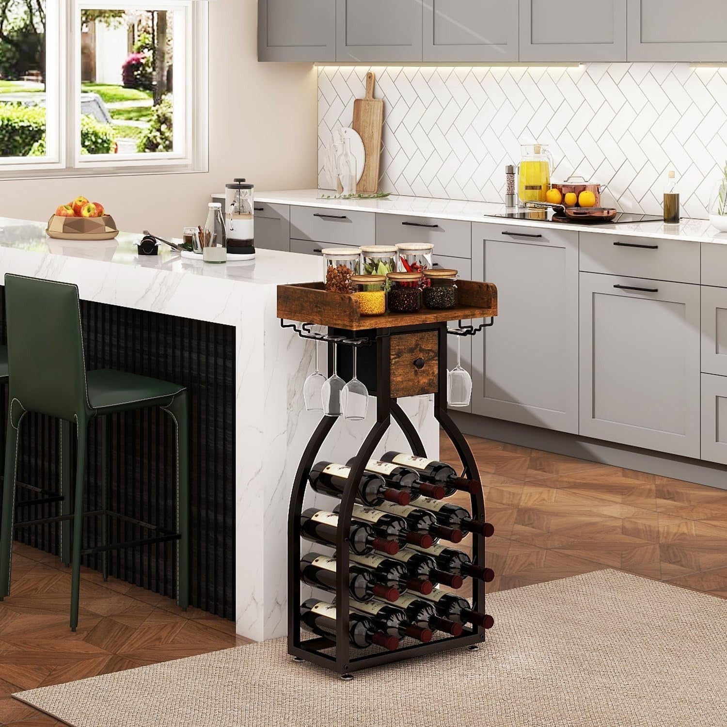 Freestanding Wine Rack Bar Cabinet 15 Bottle Storage with Glass Holder & Drawer