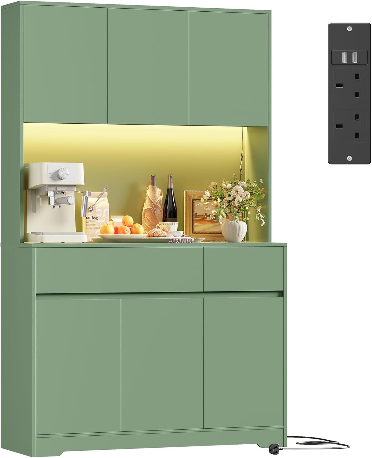 Green 180cm Tall Kitchen Cupboard 6 Doors 2 Drawers LED & Power Outlet