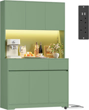 Green 180cm Tall Kitchen Cupboard 6 Doors 2 Drawers LED & Power Outlet
