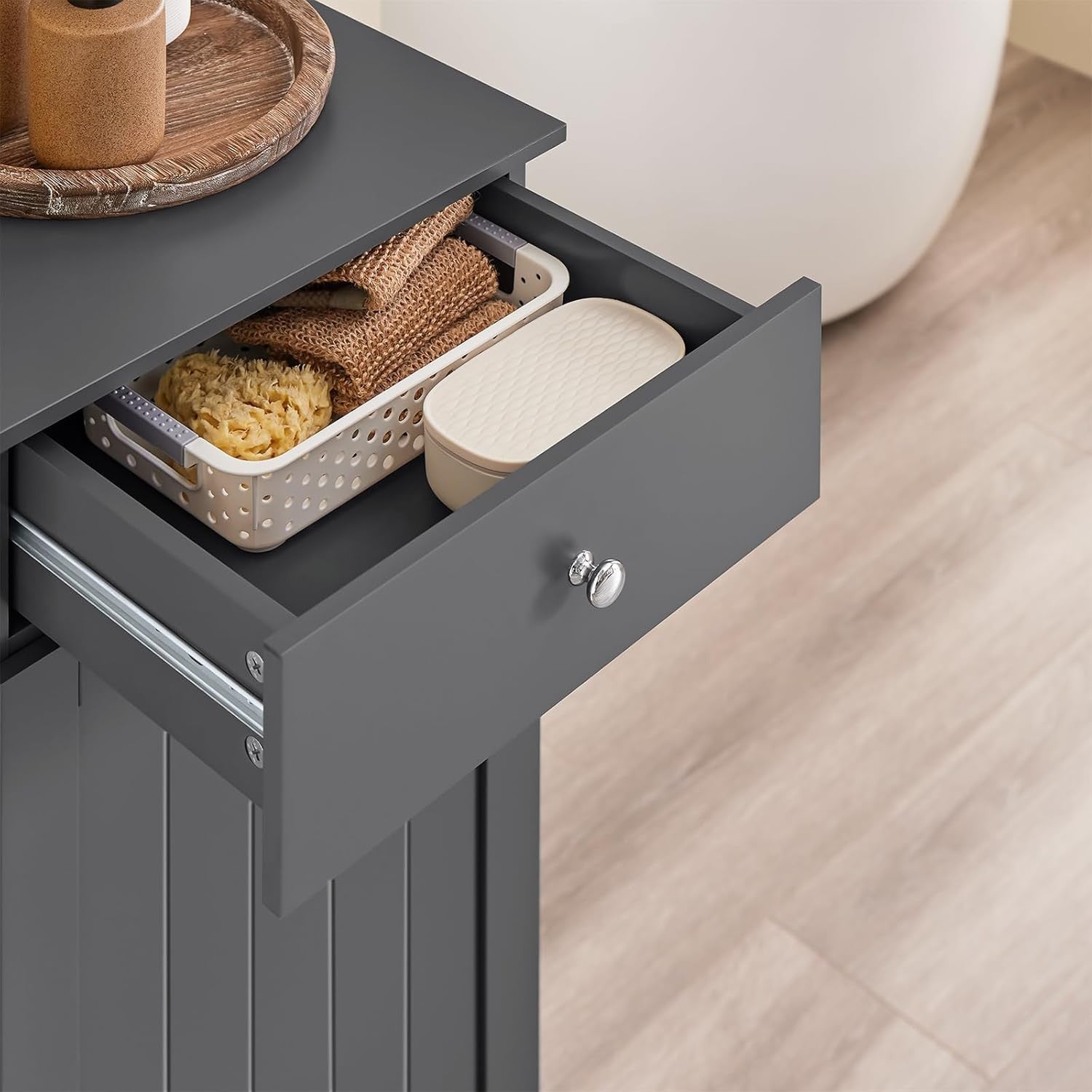 Slim Bathroom Laundry Cabinet with Tilt Hamper & Drawer, Space-Saving Unit 40x90