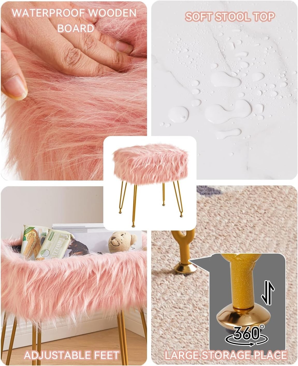 Pink Rectangular Faux Fur Vanity Stool with Storage and Gold Metal Legs