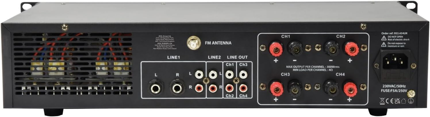Dual Zone Stereo Amplifier 4x300W Bluetooth USB SD FM Media Player