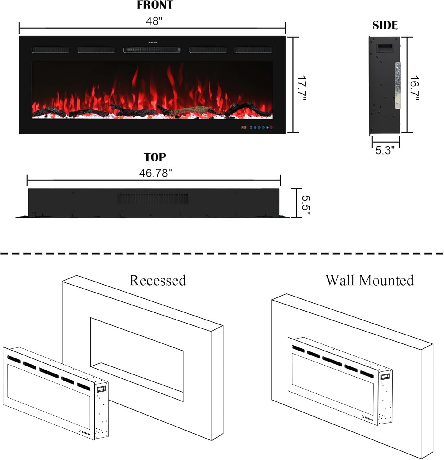 48" Smart Electric Fireplace Wall Fire LED Heater Recessed WiFi Remote