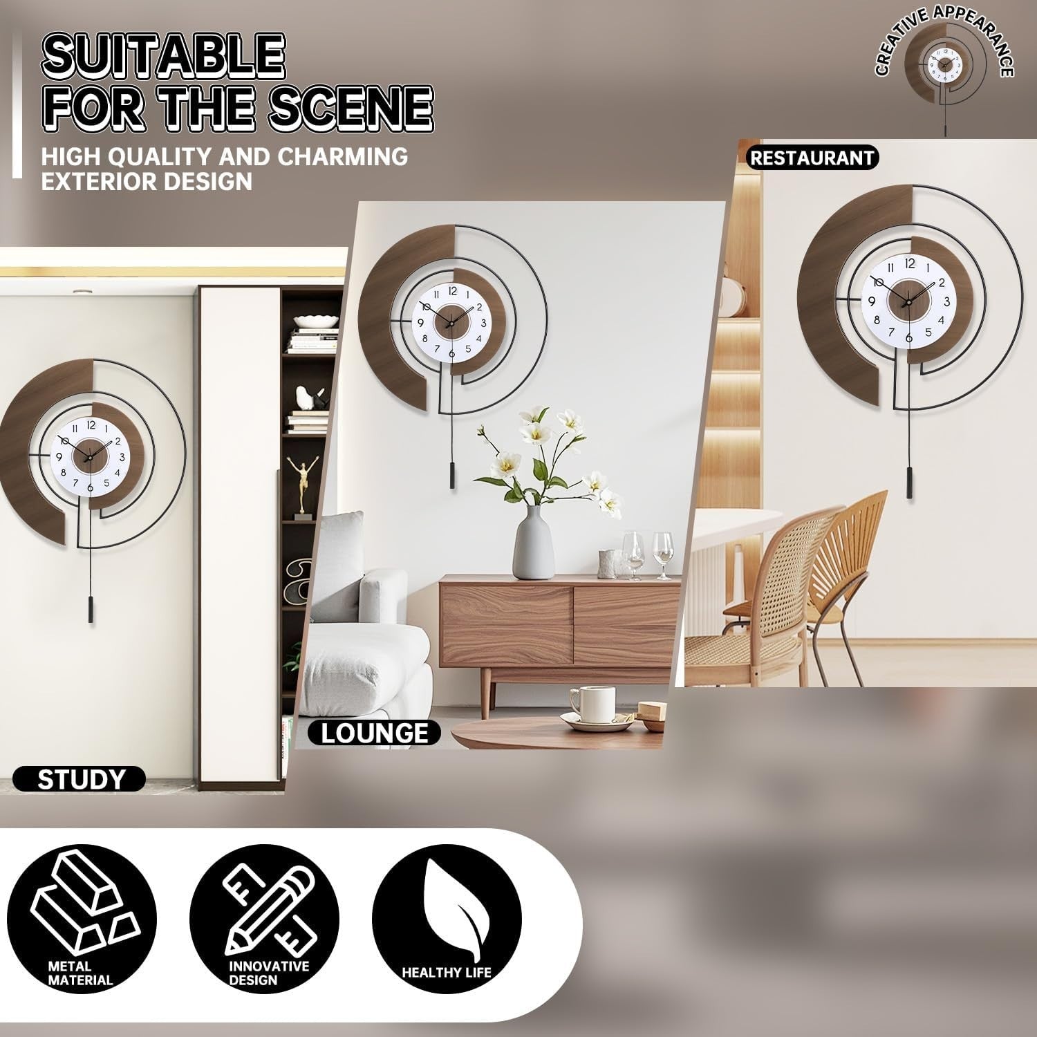 Silent Large Wall Clock with Pendulum, Quartz Battery Operated, Modern Decor
