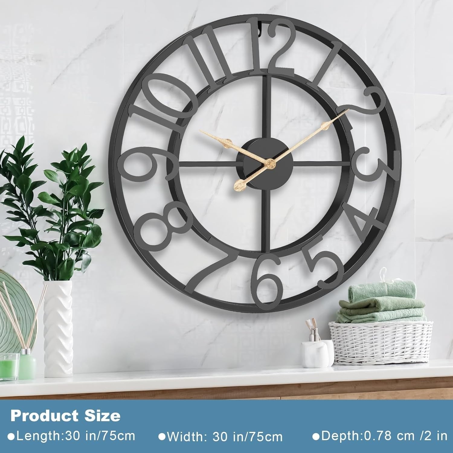 Extra Large 75cm Black Skeleton Wall Clock | Silent Industrial Home Decor