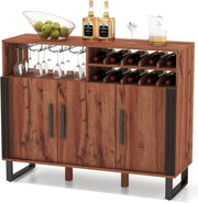 Rustic Sideboard Wine Bar Cabinet with 2-Tier Wine Rack & Glass Holder, 3 Door