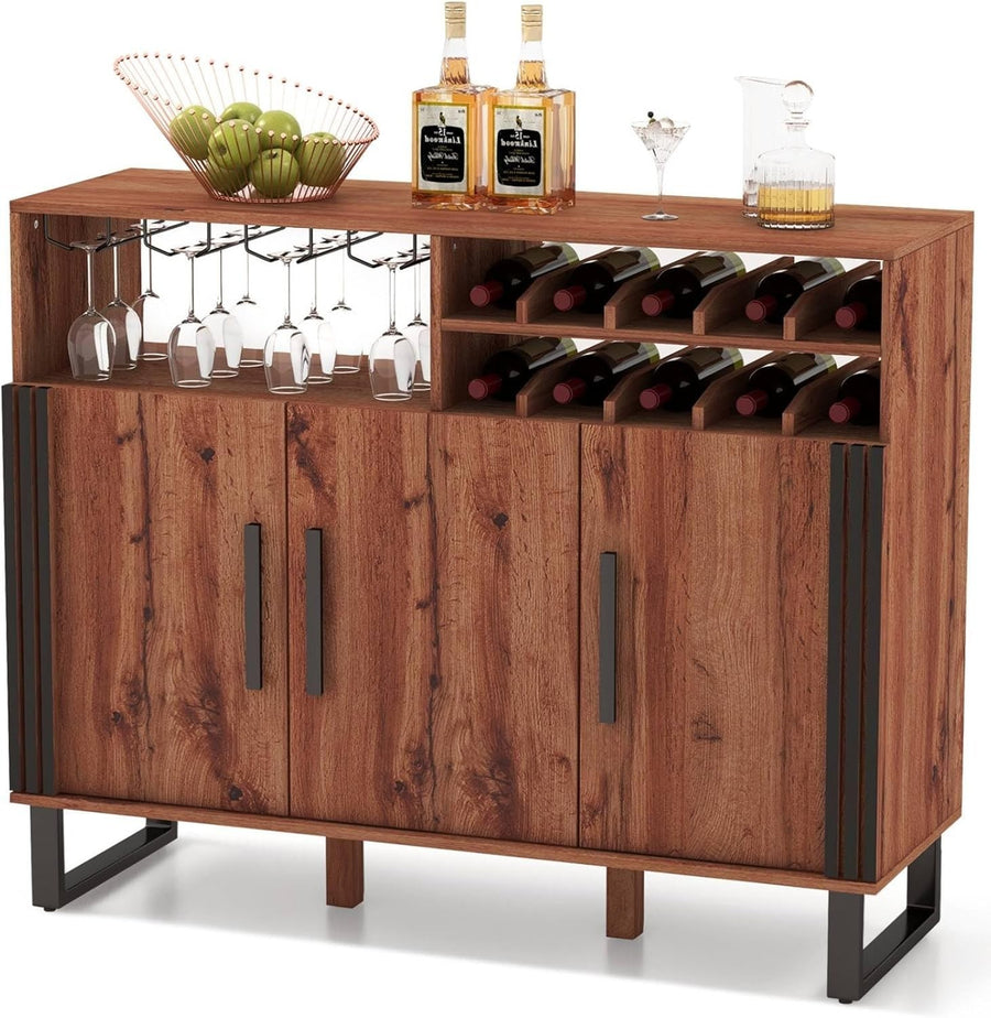 Rustic Sideboard Wine Bar Cabinet with 2-Tier Wine Rack & Glass Holder, 3 Door