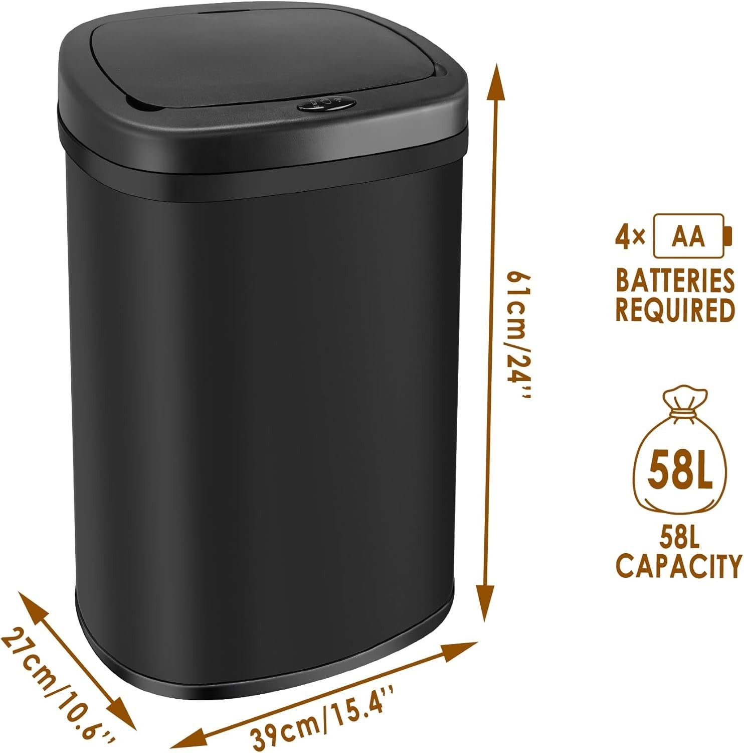 58L Automatic Sensor Kitchen Bin Touchless Stainless Steel Black