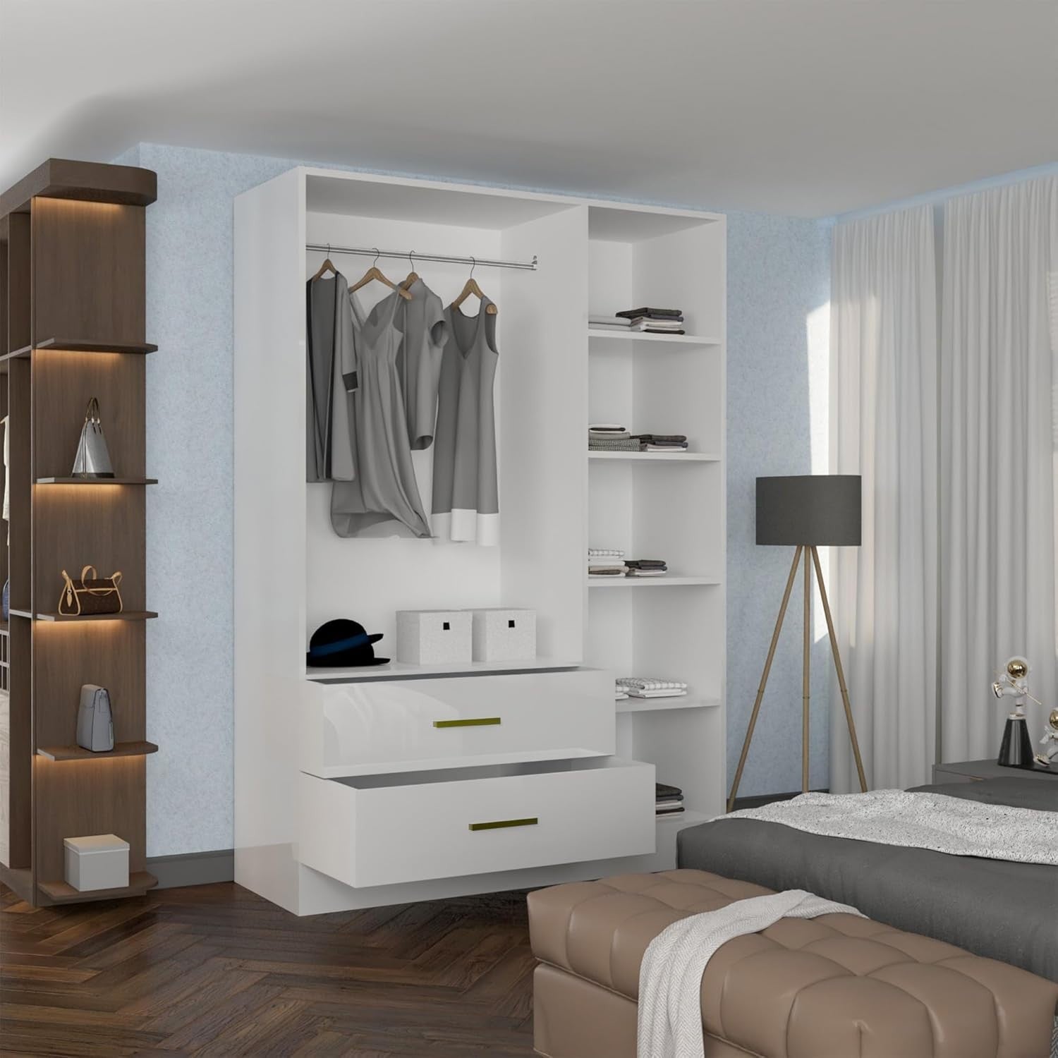 116cm High Gloss Mirrored Wardrobe with Shelves, Drawers & Hanging Rail