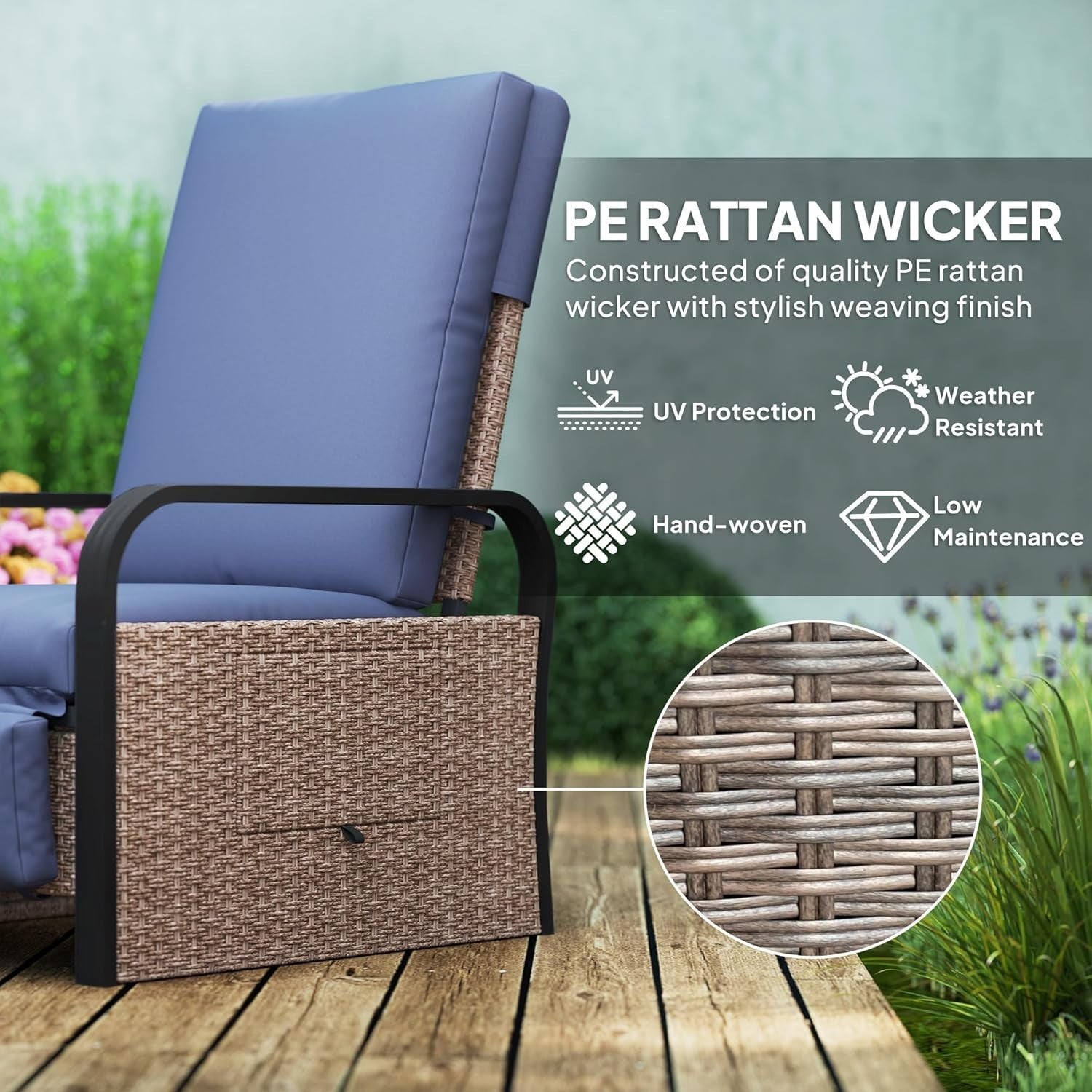 Outdoor Rattan Recliner Chair Adjustable Backrest Footrest Side Table