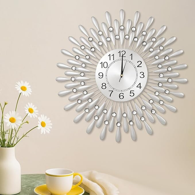 60cm Silver Sunflower Wall Clock Silent Modern Large Metal Diamond Beaded Decor