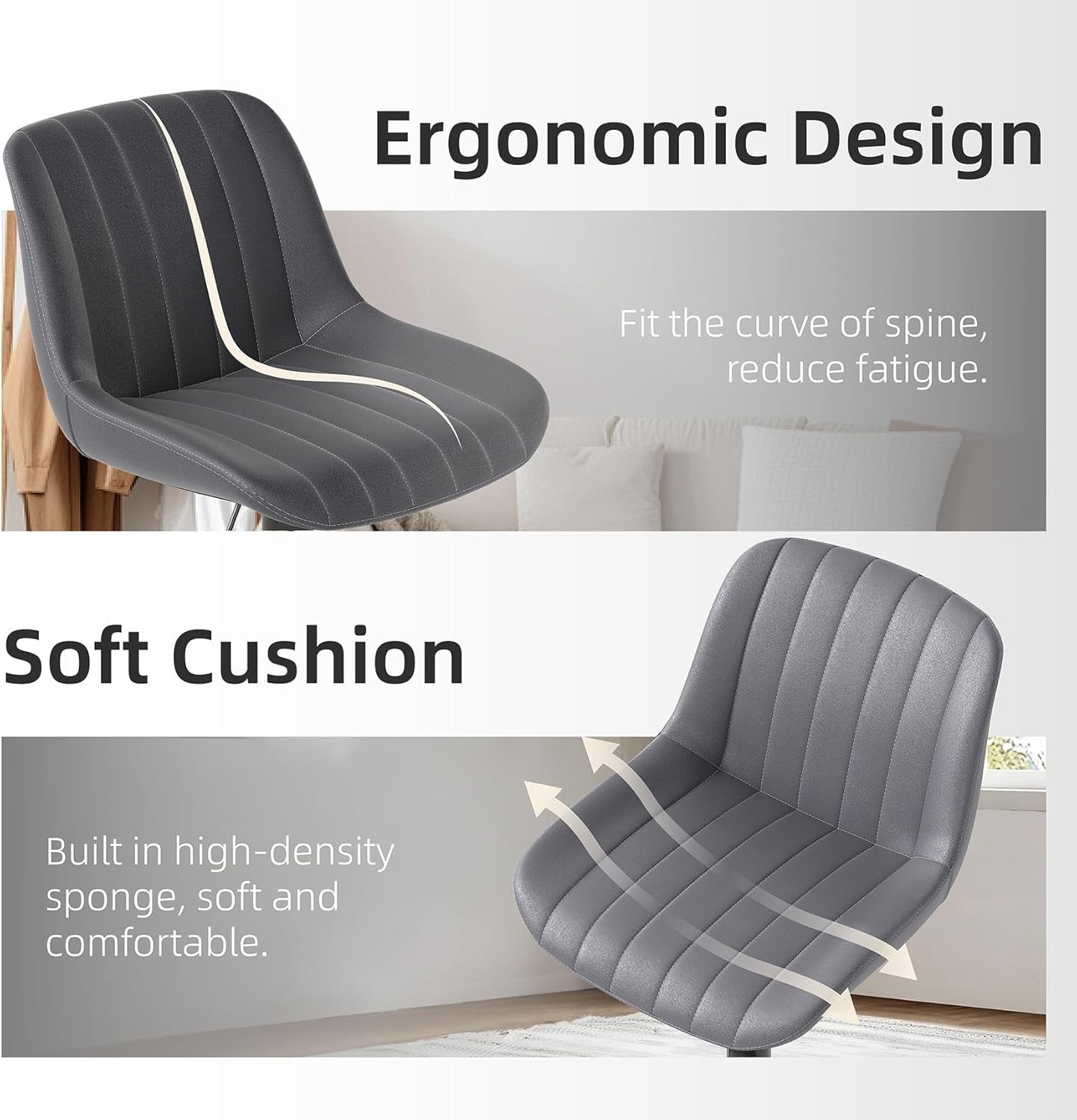 Dark Grey Adjustable Swivel Bar Stool PU Leather Modern Counter Chair