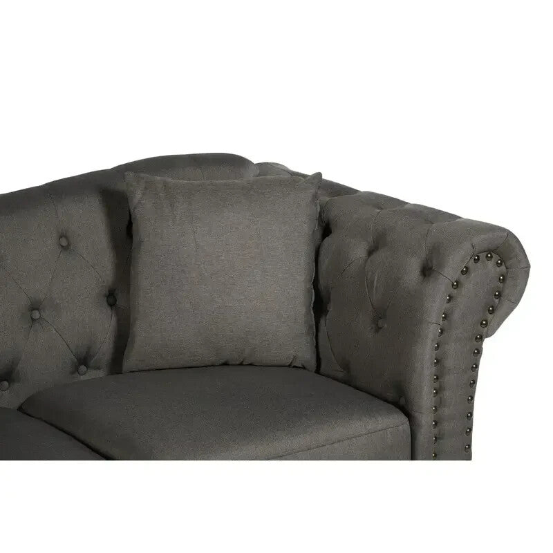2 Seater Grey Chesterfield Sofa | Button Tufted Fabric Couch with Scroll Arms