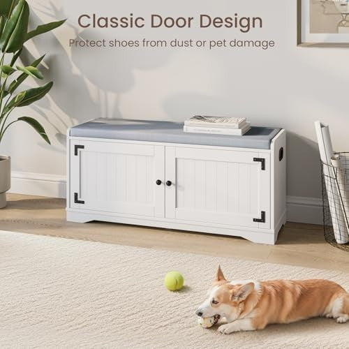 White Shoe Storage Bench with Cushion Seat 2-Door Cabinet Adjustable Shelves