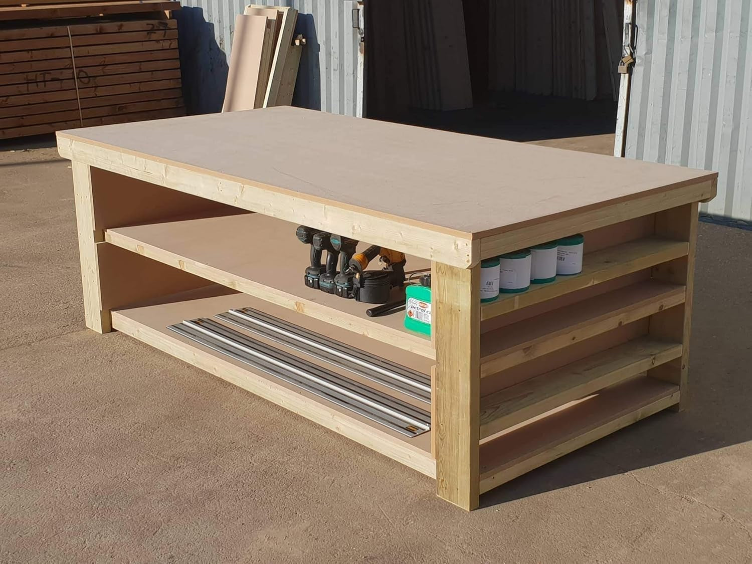 4ft Heavy Duty MDF Workbench with 2 Shelves & Side Storage Fabric Cutting Table