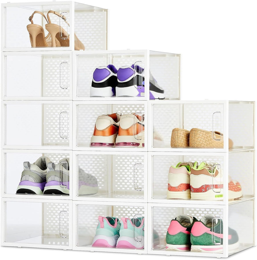 Pack of 12 Clear Stackable Foldable Shoe Storage Boxes Medium 31x25x16 cm