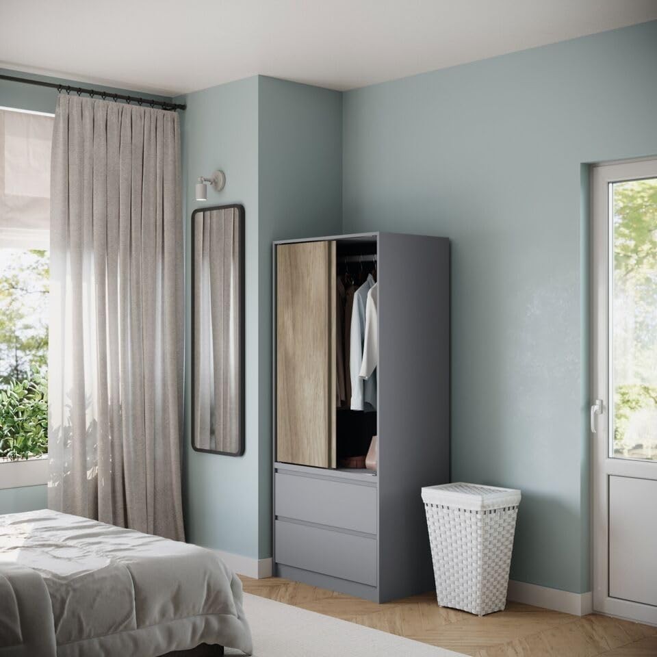 2-Door 2-Drawer Sliding Wardrobe with Hanging Rail & Silent Doors, Bedroom