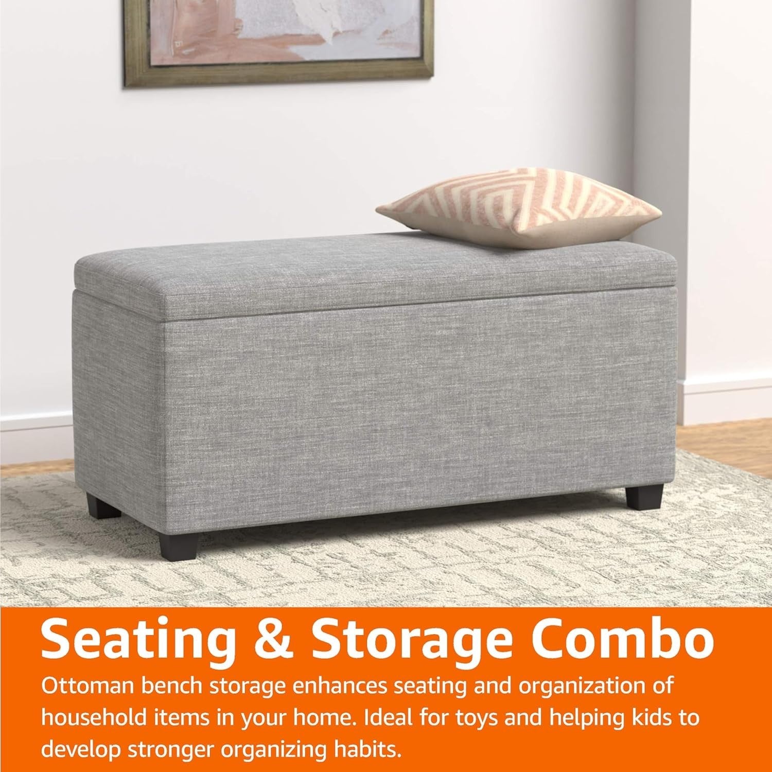 Light Grey Upholstered Storage Ottoman Bench with Soft Close Lid Linen 90x42x43