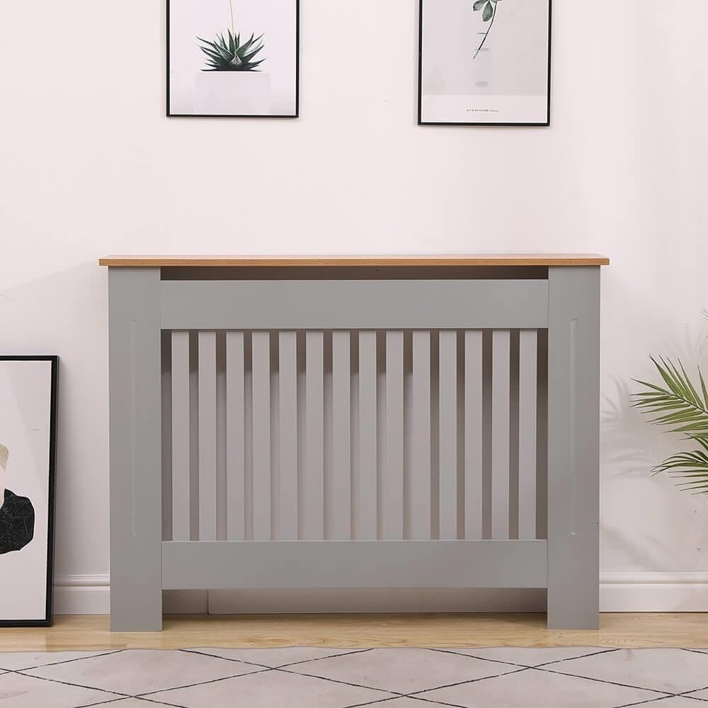 Grey Oak Radiator Cover Wooden Slatted Grill Cabinet Shelf 112x19x82cm