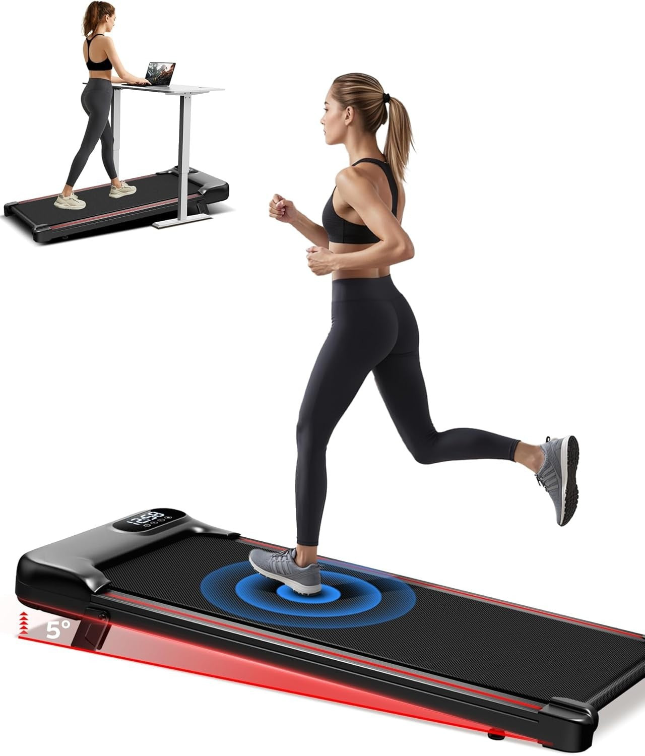 5% Incline Under-Desk Walking Pad 2.5HP, Compact Foldable Treadmill Home Office