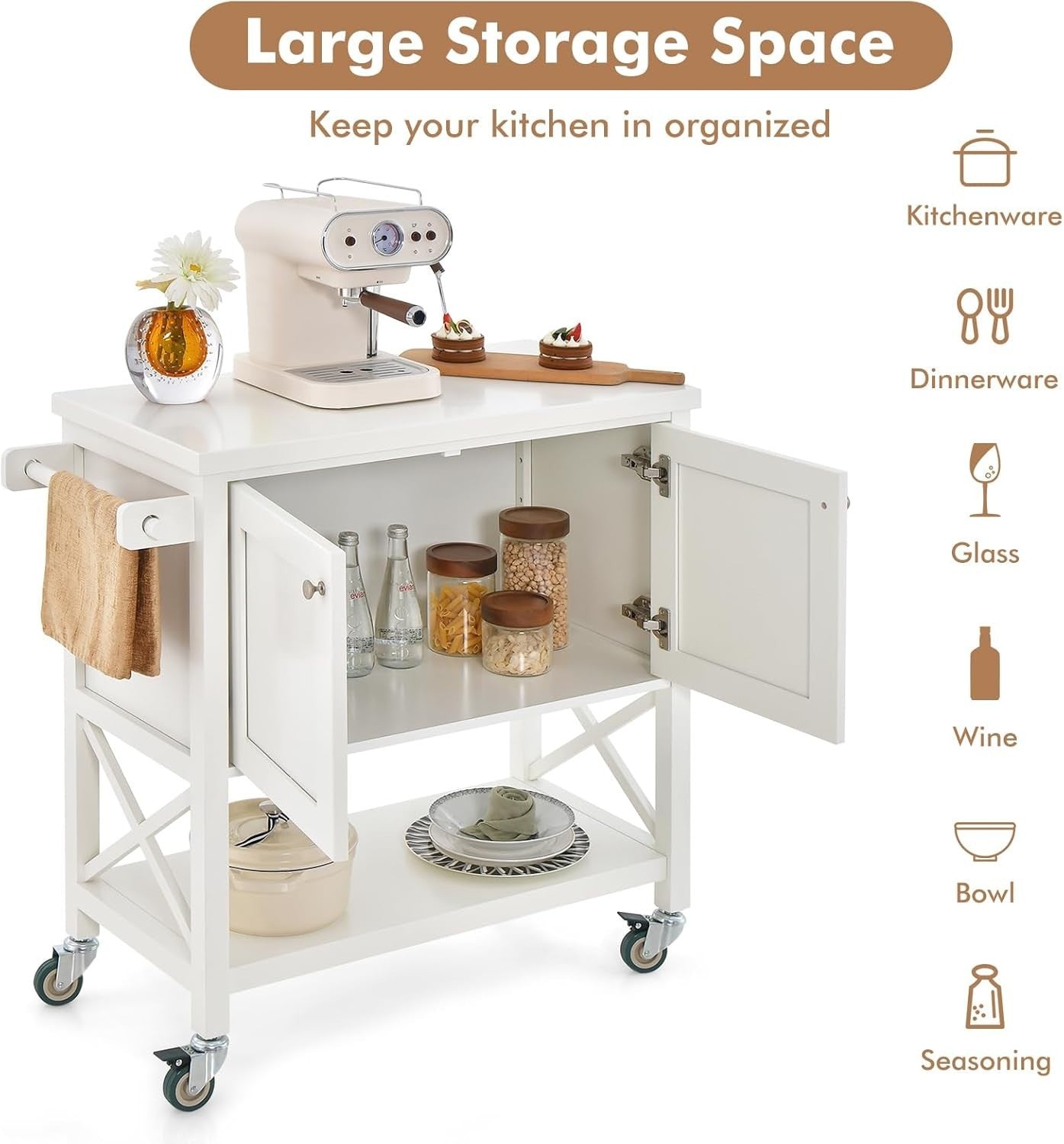 White Kitchen Island Cart 103cm Cabinet Shelf