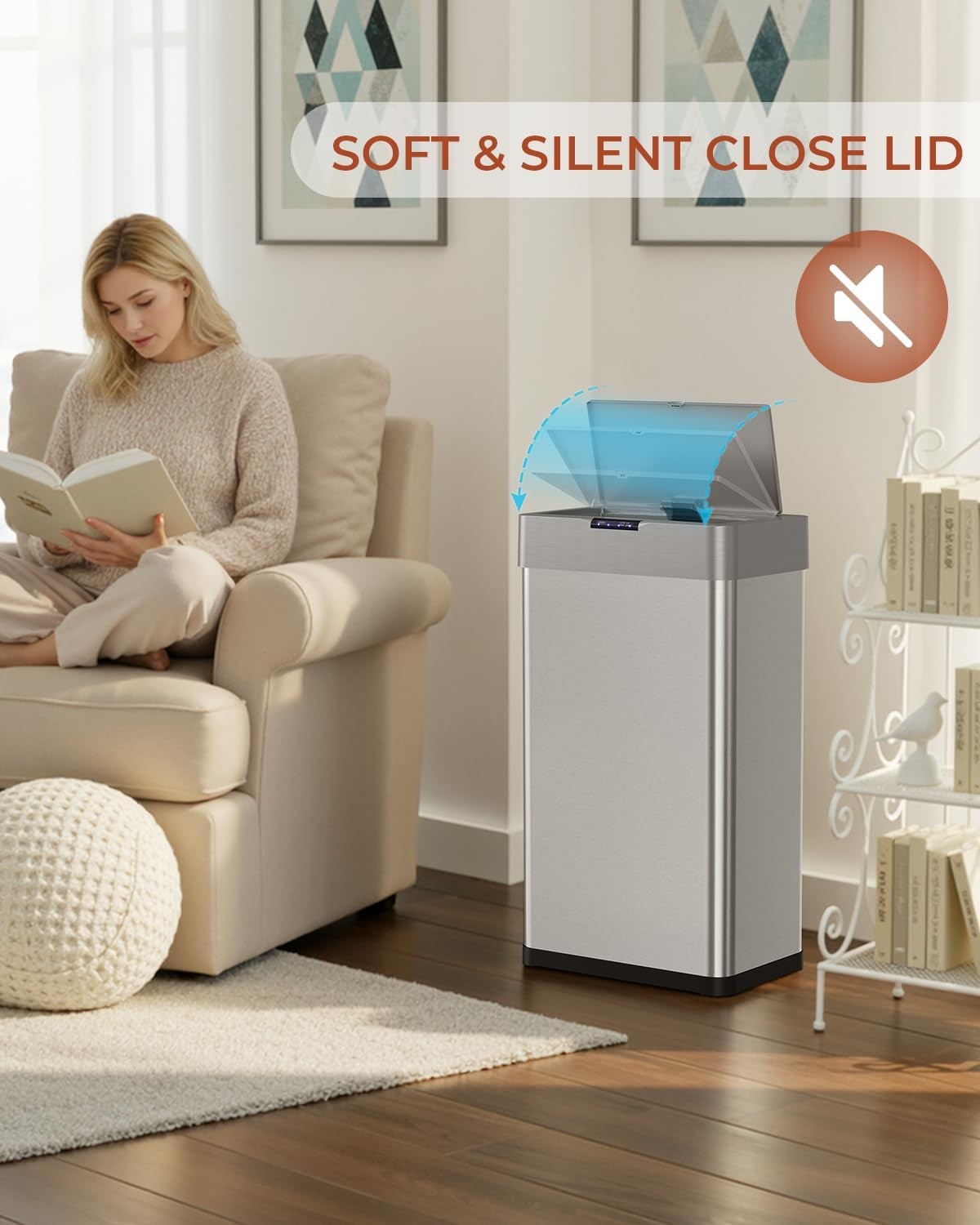 50L Sensor Kitchen Bin Touchless Automatic Soft Close Silver