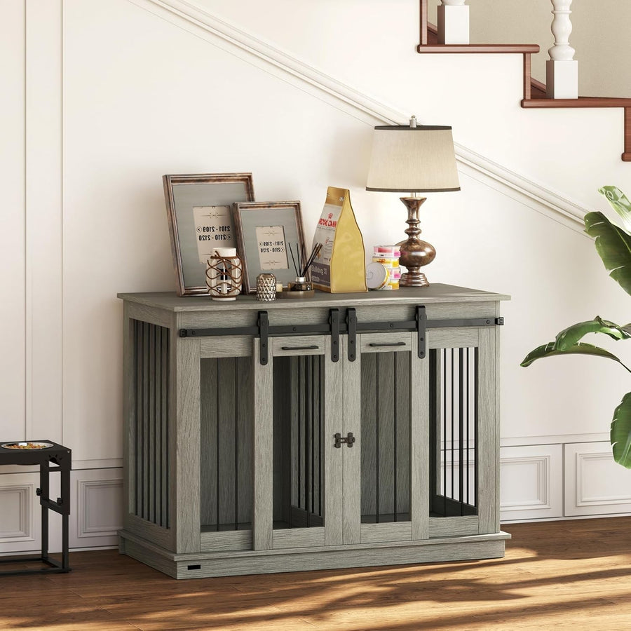 Large Grey Dog Crate Furniture with Divider, Sliding Doors & Side Table 120x60x8