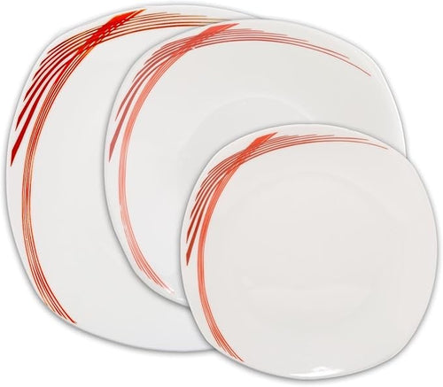 12pc White Ceramic Dinnerware Set Plates Bowls Service for 4 Red Line