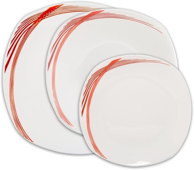 12pc White Ceramic Dinnerware Set Plates Bowls Service for 4 Red Line
