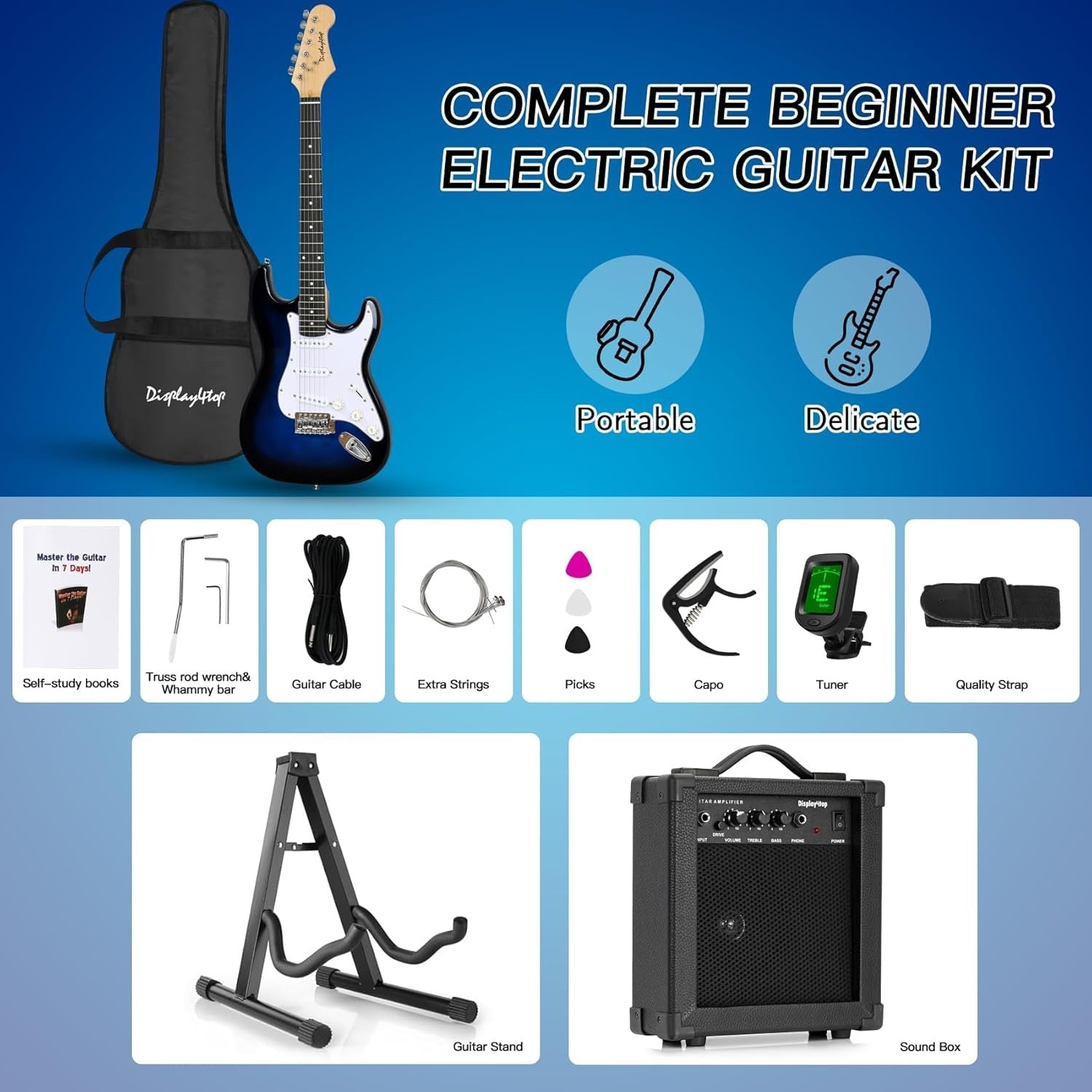 Full Size Electric Guitar Starter Kit with Amp Stand Blue White