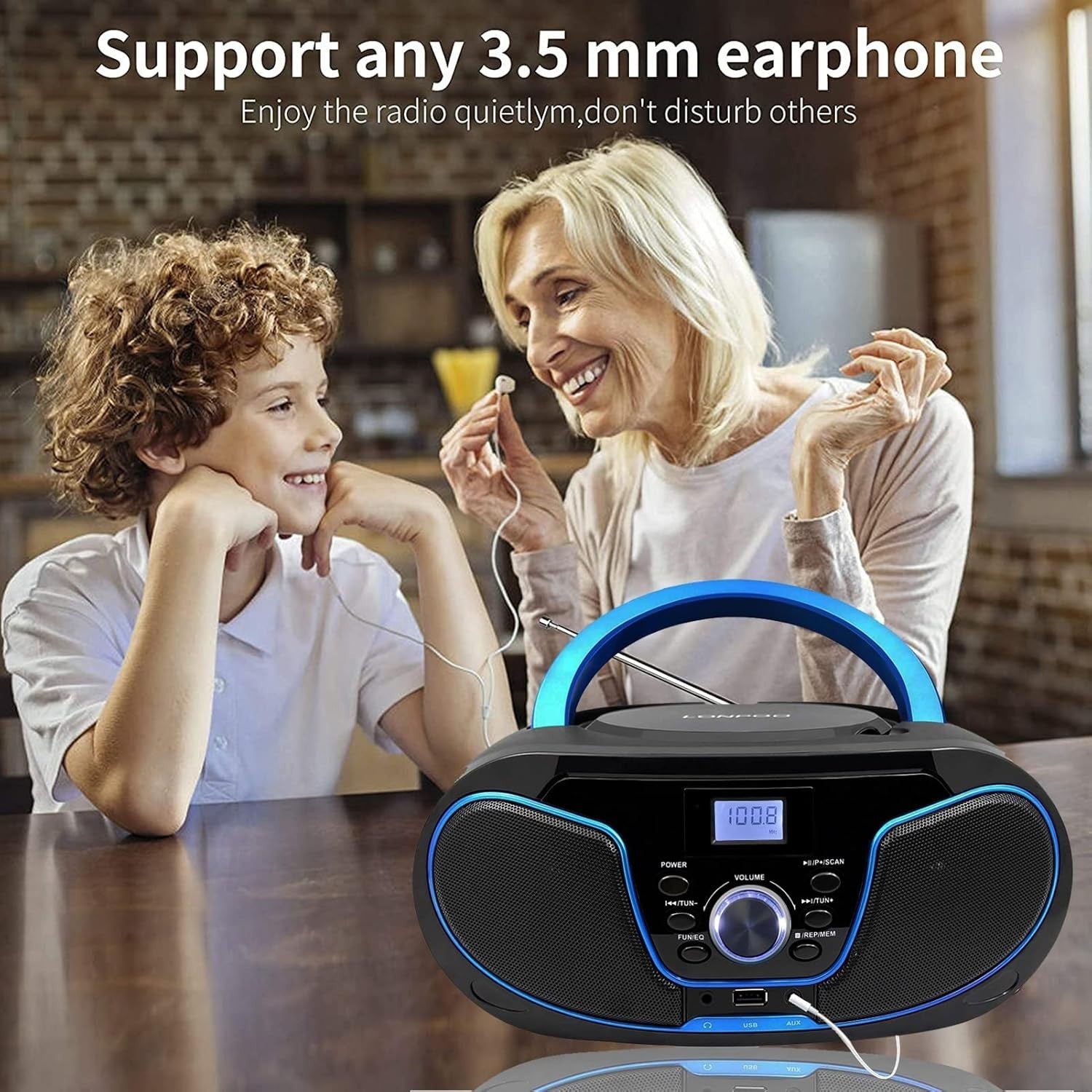 Portable Boombox CD Player Bluetooth FM Radio USB AUX Stereo Blue