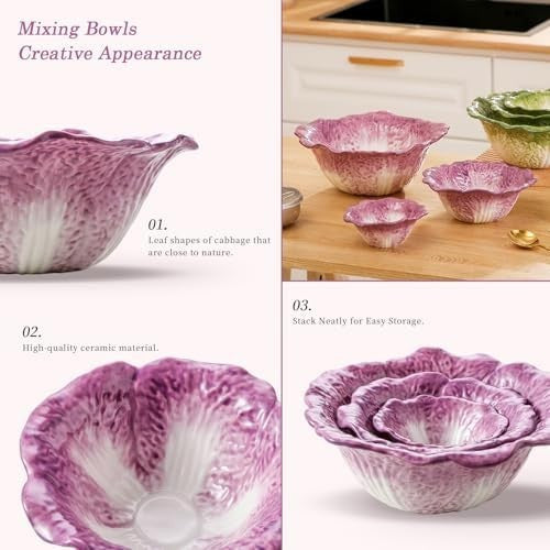 KXZ 3-Piece Purple Ceramic Mixing Bowls Set Nesting Microwave & Dishwasher Safe