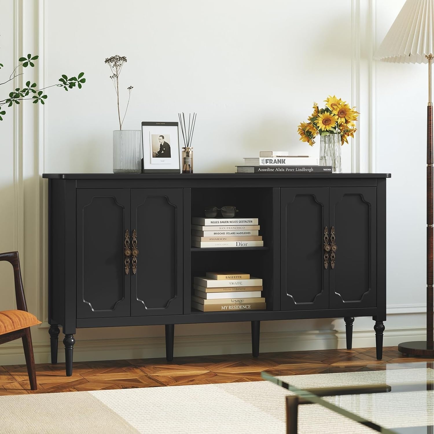 Black Wood Sideboard Cabinet 4 Door Gold Handle Buffet Storage Unit