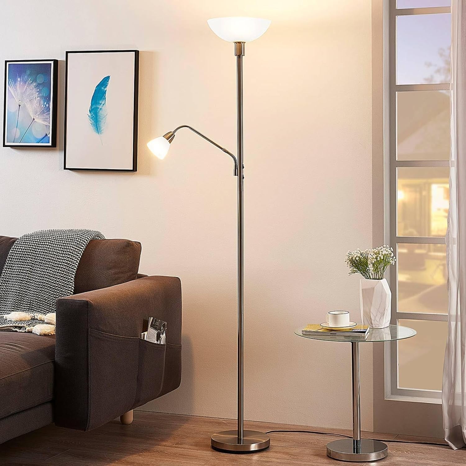 Silver Uplighter Floor Lamp with Reading Light Satin Nickel Frosted Glass