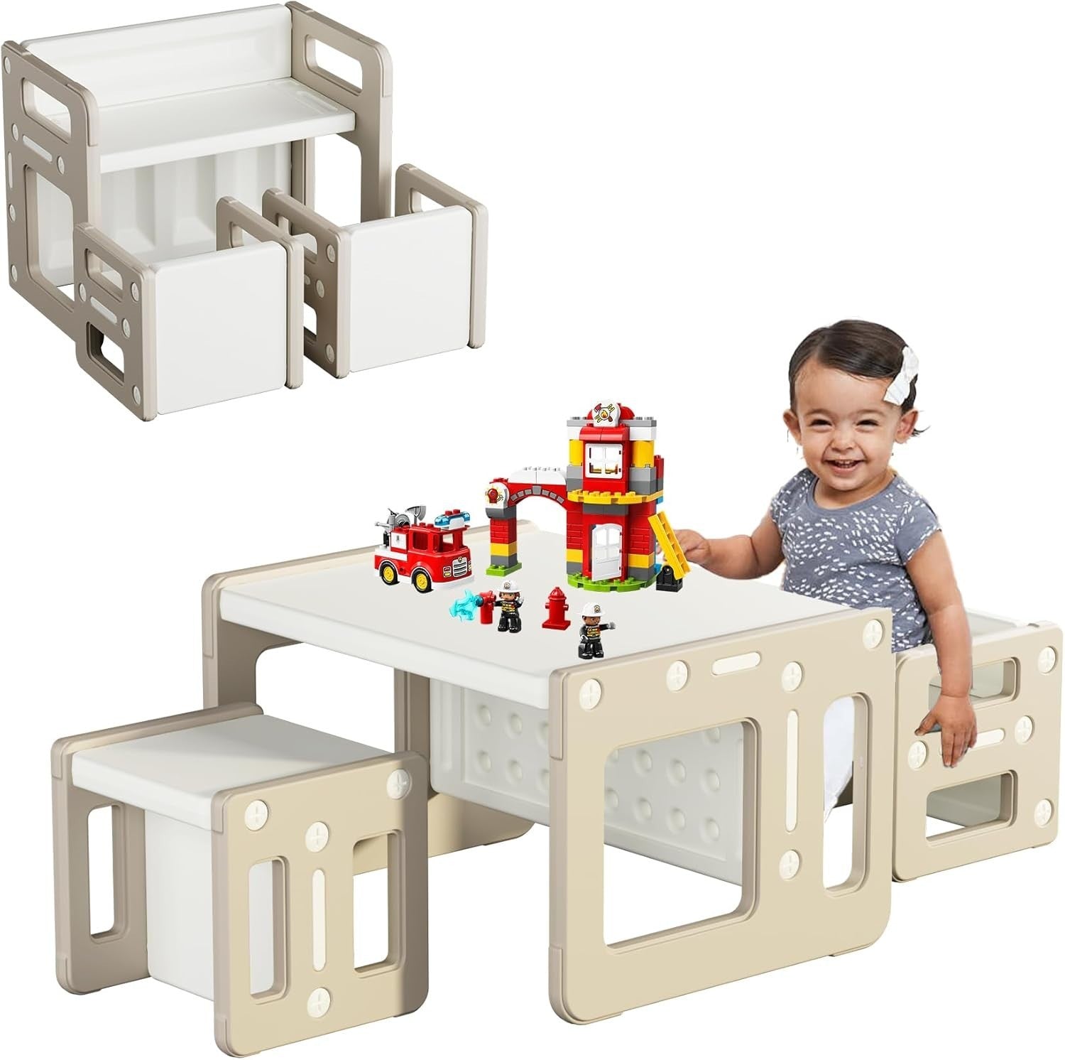 Kids Montessori Table & 2 Chairs Set, Plastic Activity Desk & Stools Khaki