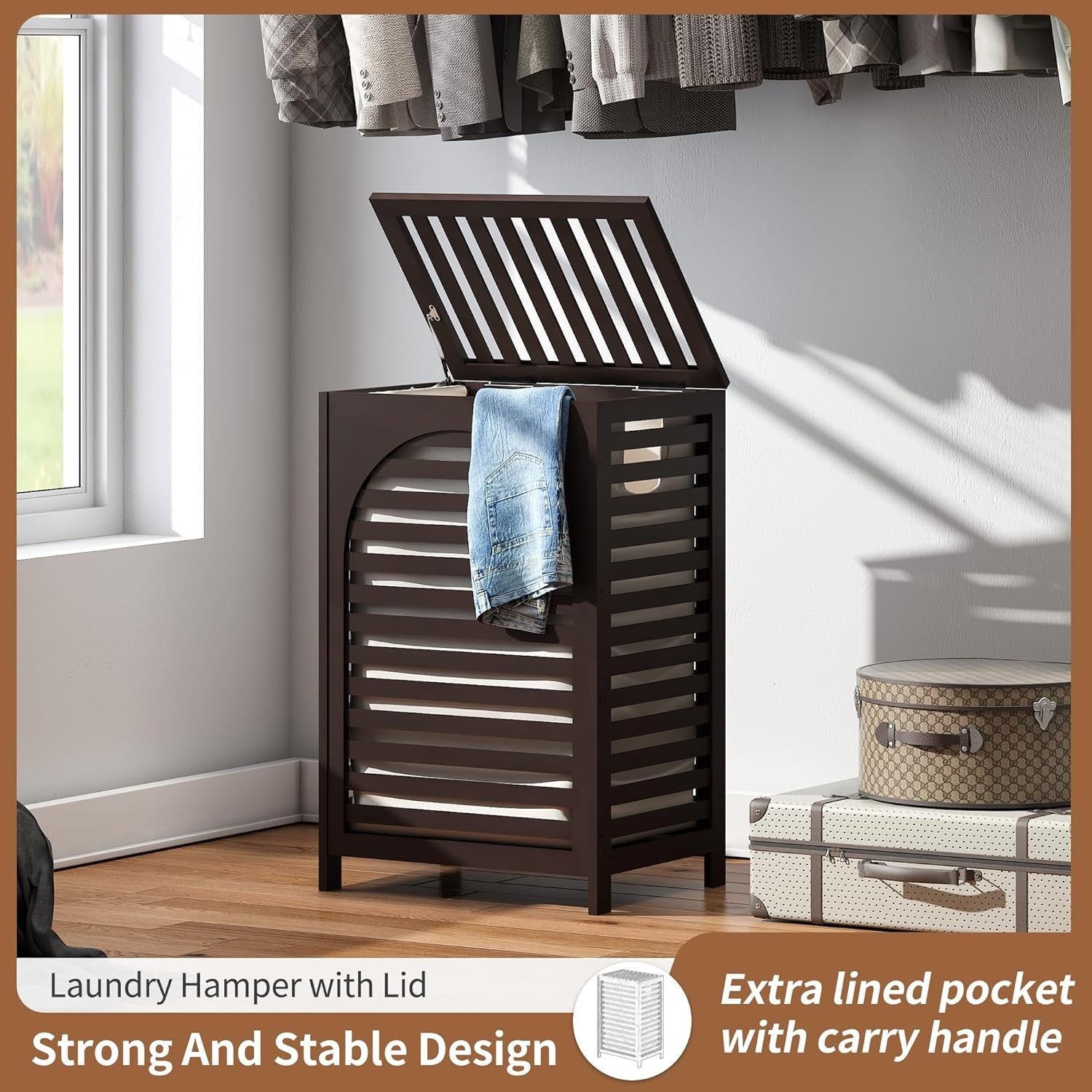 85L Bamboo Laundry Hamper with Lid Large Laundry Basket Removable Liner Brown
