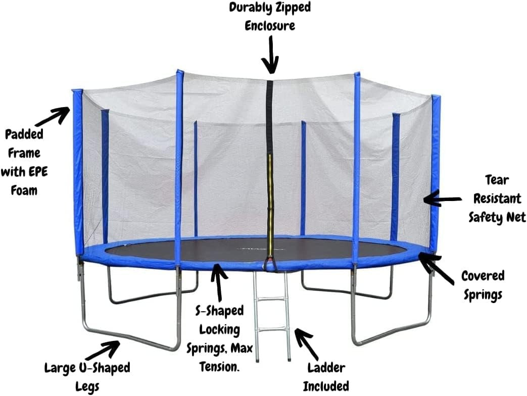 10FT Outdoor Garden Trampoline Safety Net Ladder Padded Poles Blue