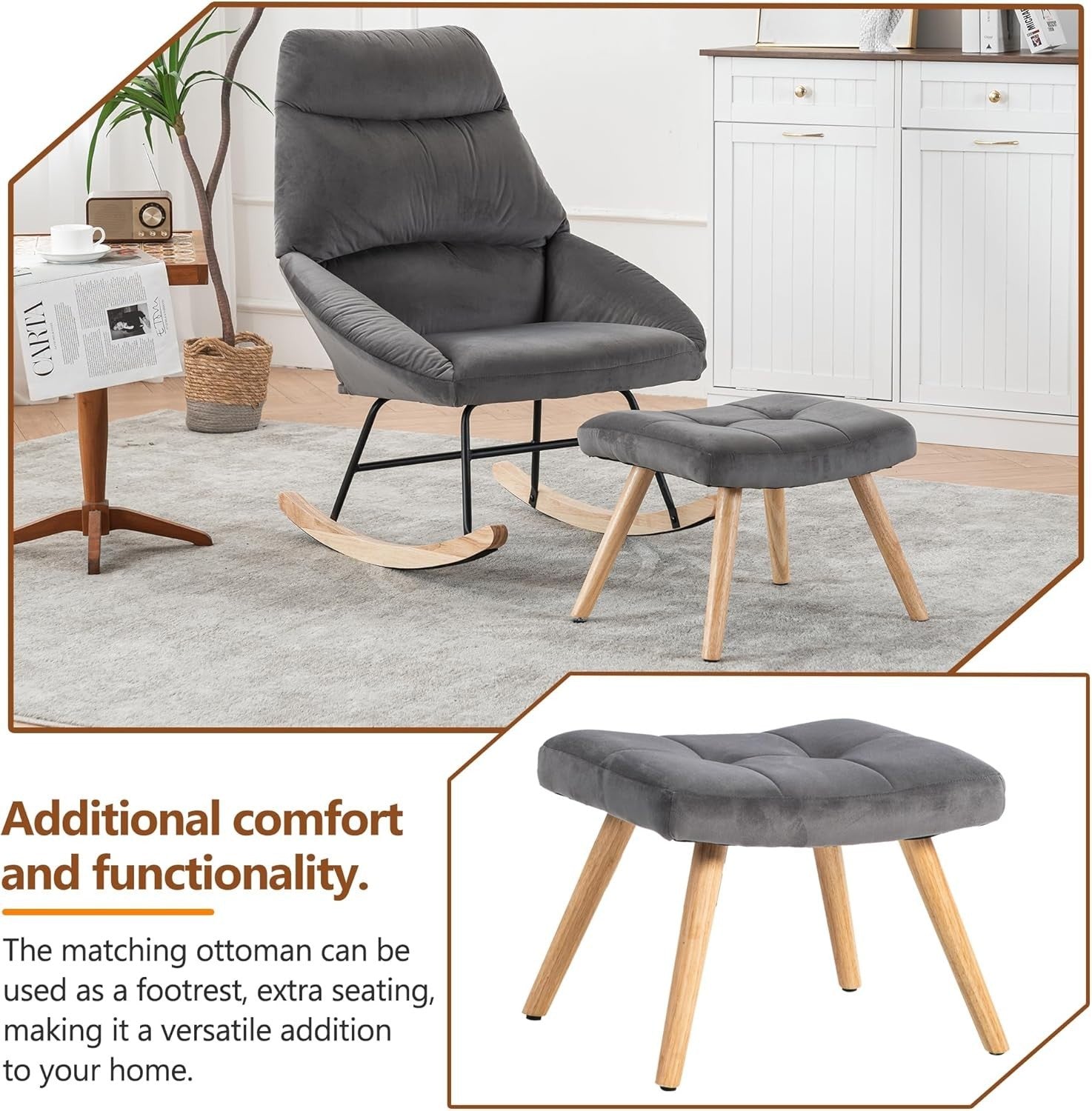 Ergonomic Rocking Chair with Footstool | High Back, Cushioned Lounge Seat