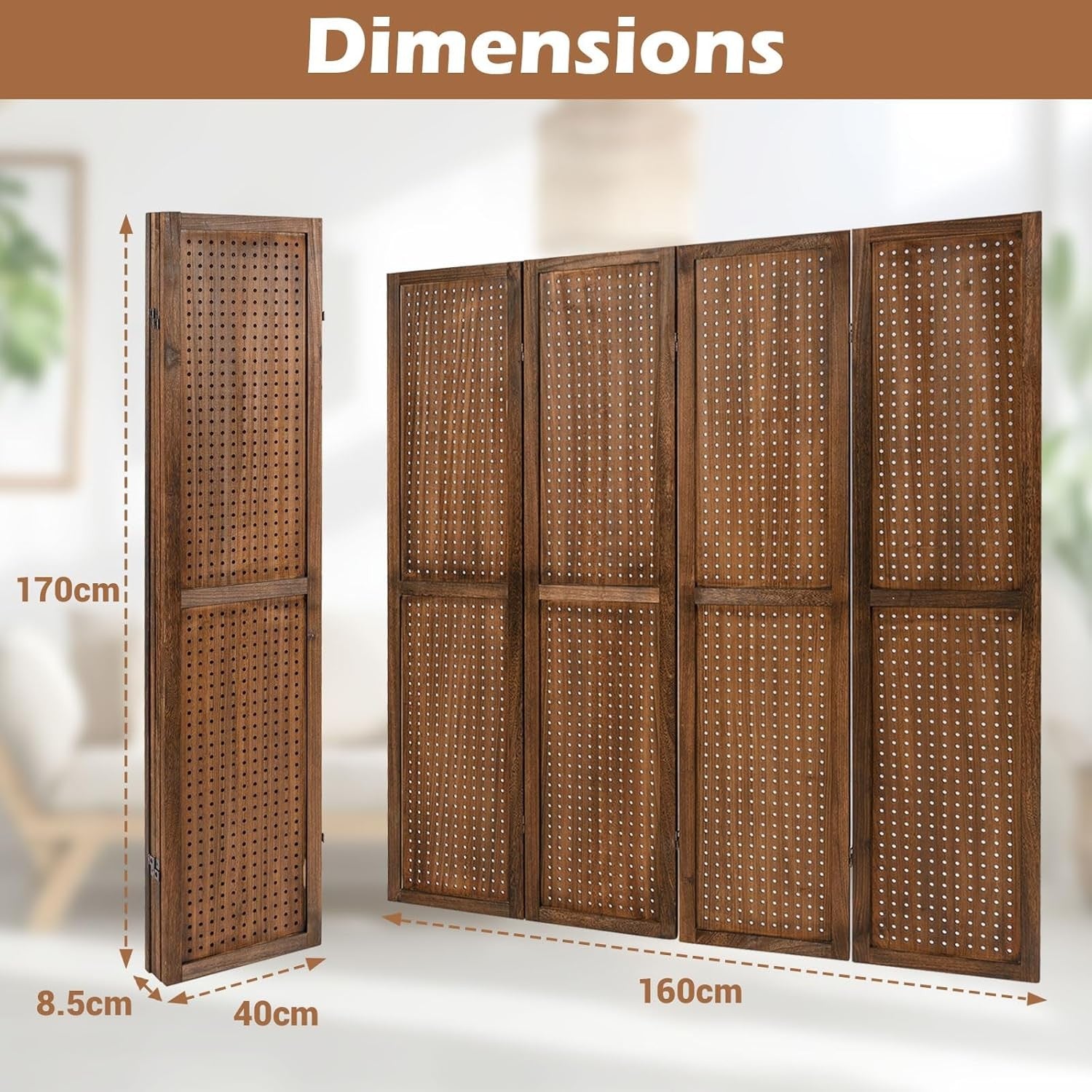 4 Panel Wooden Room Divider Folding Privacy Screen Pegboard Partition 160x170cm