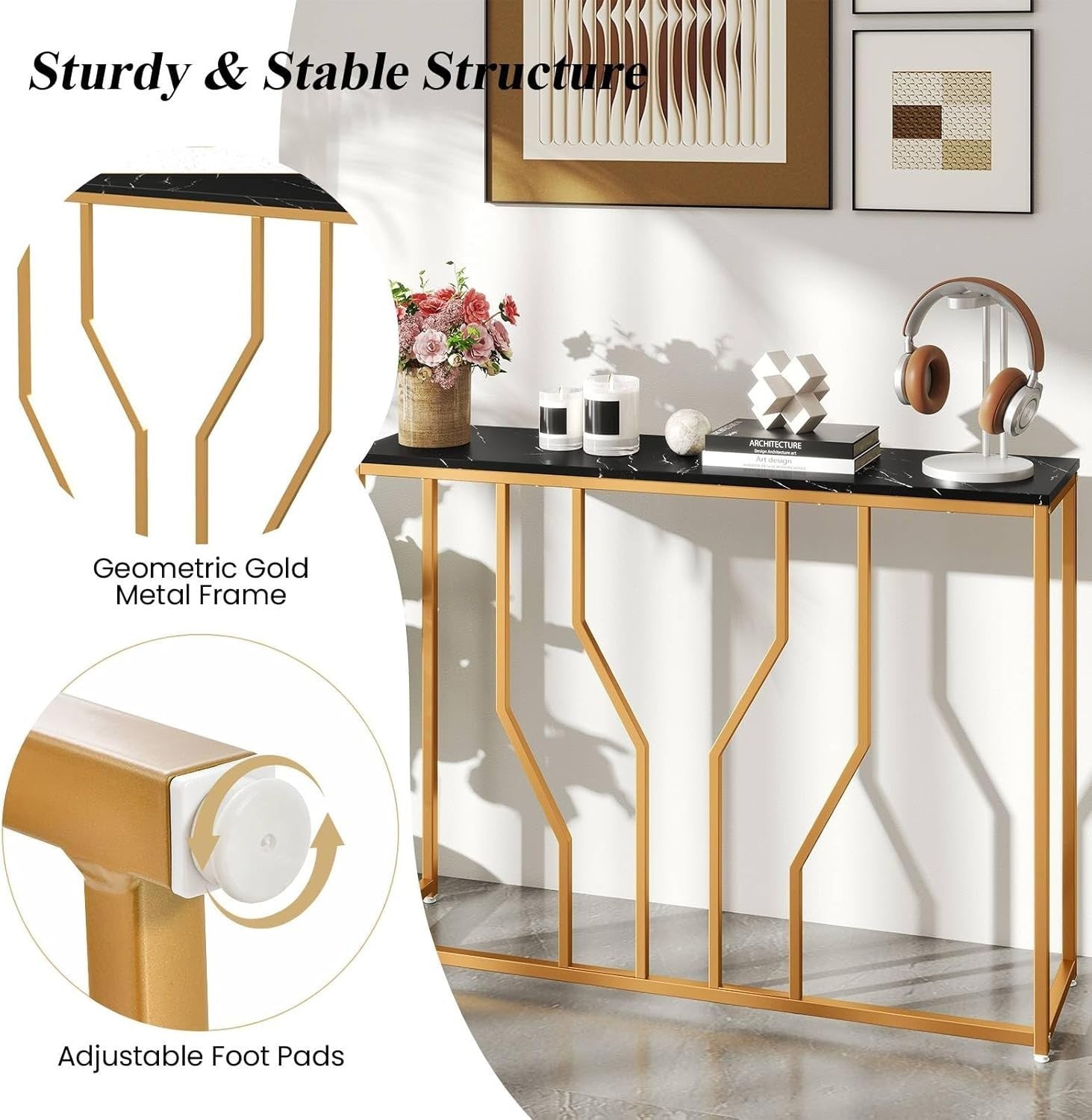 Slim Faux Marble Console Table with Anti-Tip, Metal Frame & Storage – 110cm