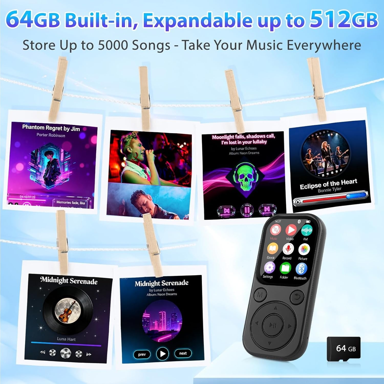 64GB MP3 Player Bluetooth 5.3 Black 2.0" Screen FM Radio 512GB