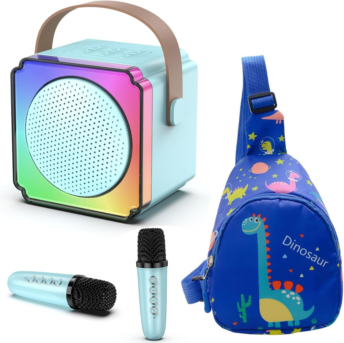 Blue Mini Karaoke Machine with 2 Wireless Mics LED Speaker & Bag
